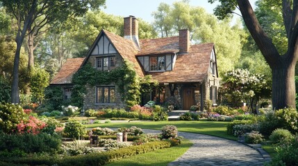 Obraz premium Enchanted Stone Cottage nestled in Lush Greenery