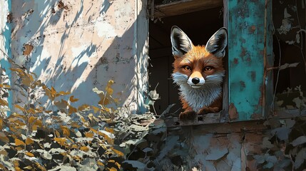 Naklejka premium A vibrant, animated fox peeking through overgrown city ruins, its expressive eyes reflecting urban decay, watercolor style, capturing emotions of survival and hope