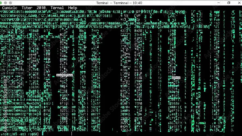 Poster a video still showing a digital matrix code with green numbers on a black screen, viewed from a stra