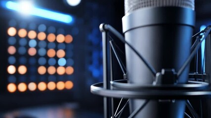Sound of Clarity: Captivating a close-up perspective, a sleek microphone stands ready, against a backdrop of blurred stage lights. Enhancing the auditory experience.