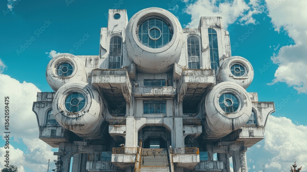 Poster a striking architectural structure featuring unique round windows in its design