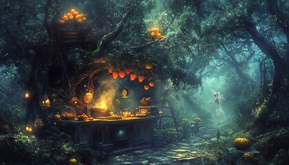 Enchanted forest kitchen, mystical scene with glowing lanterns, pumpkins, and a magical atmosphere. Perfect for fantasy, Halloween, or fairytale themes.