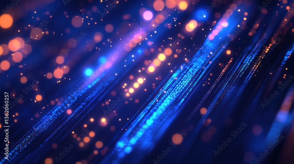 Poster abstract background with blue glowing neon lines and bokeh lights. data transfer concept. digital wa