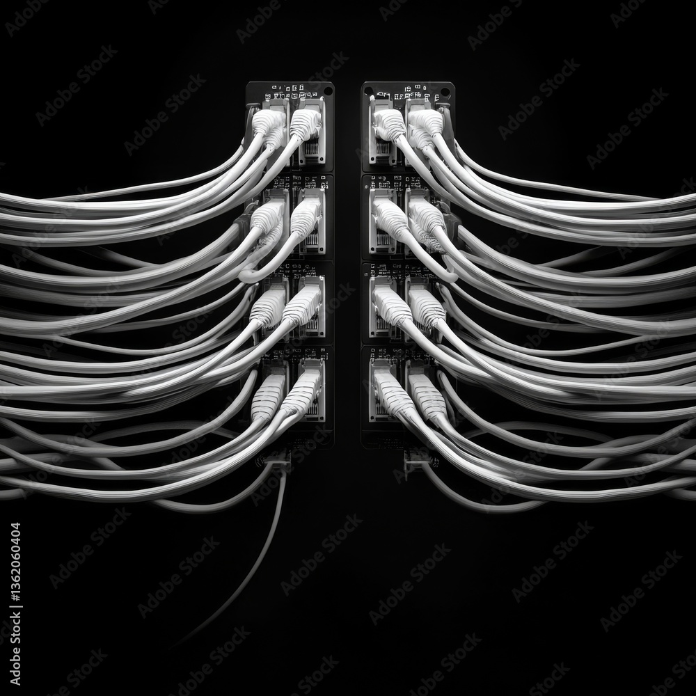 Poster network connections: a monochromatic study of ethernet cables plugged into modules against a stark b