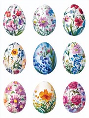 Fototapeta premium watercolor floral easter eggs clipart set isolated on white background
