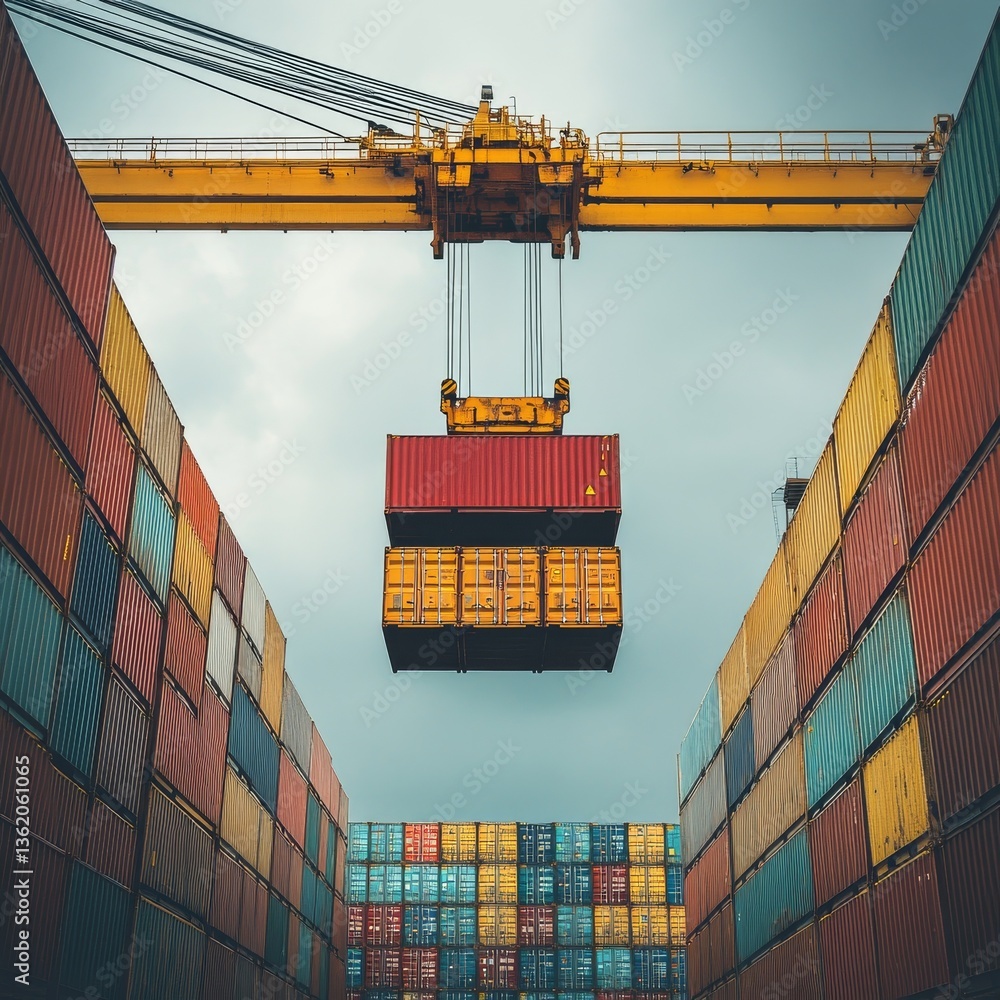 Aufkleber shipping port efficiency: crane lifting containers in a busy dockyard, ready for global distribution
