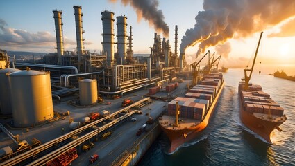 Industrial Harbor: A sprawling industrial harbor showcases cargo ships, towering smokestacks, and infrastructure, highlighting the scale of industry. The scene captures the essence of logistics.