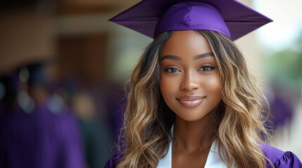 A woman wearing a purple graduation cap and gown is smiling