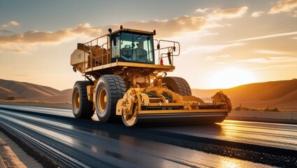 Fototapeta premium Powerful road paver machine lays fresh asphalt under a golden sunset