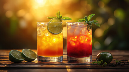 Fototapeta premium Refreshing cocktails served in glasses with lime garnishes at sunset on a wooden table