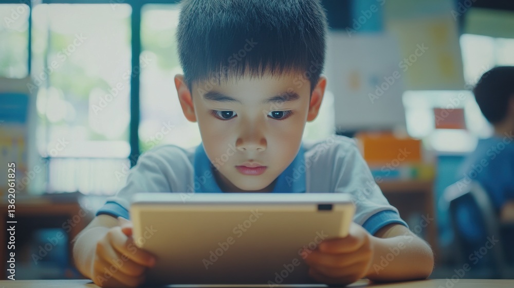 Poster focused asian school boy using digital tablet at class in classroom. attentive junior school student