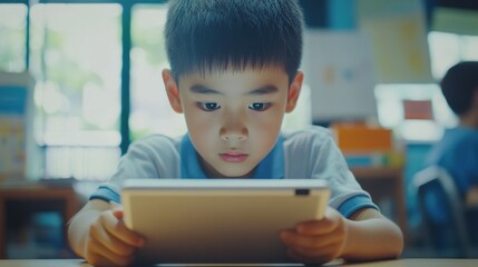 Focused Asian school boy using digital tablet at class in classroom. Attentive junior school student learning online virtual education digital program app tech during stem computer science lesson.