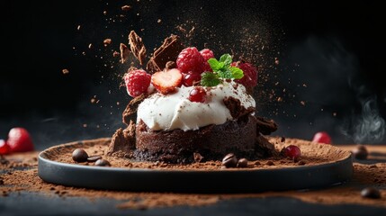 An artistic representation of a chocolate cake bursting with fresh berries and mousse, symbolizing joyous celebrations and the allure of exquisite desserts.