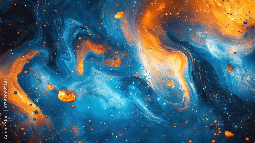Poster a vibrant display of swirling blue and orange particles creating a dynamic cosmic scene, perfect for