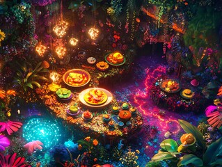 Enchanted forest feast.  Vibrant, glowing flora surrounds a magical dinner setting. Fantasy, whimsical, colorful, and surreal.