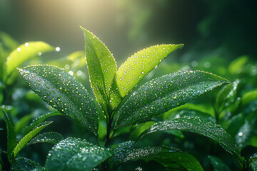 A hyperrealistic close-up of a tea bush focusing
