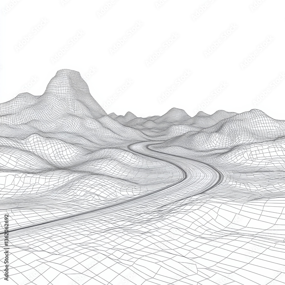 Aufkleber Wireframe Landscape with Road: A minimalist, abstract depiction of mountains and terrain, rendered in a geometric grid pattern, showing a winding path.