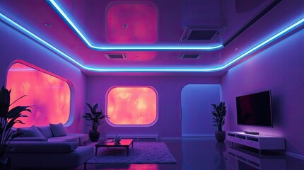 Modern living room illuminated with neon and magenta accents