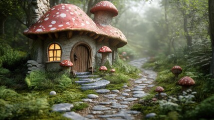 Enchanted forest scene featuring a whimsical mushroom house with a pathway