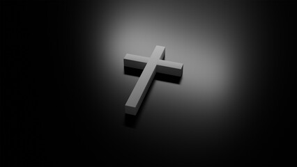 3D model of white cross in the dark with deep shadows, faith and religion in God