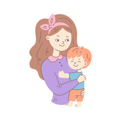 Mother Hugs Little Baby Boy. Happy Young Woman Holding Smiling Child in Arms. Hand drawn vector illustration in flat style