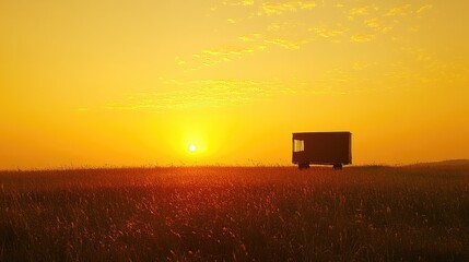 Golden Hour Solitude: Tiny House in a Vast Field at Sunset