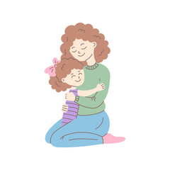 Mother Hugs Her Little Daughter. Happy Curly Haired Woman Loves Smile and Embrace her Child. Family Warmth hand drawn vector illustration