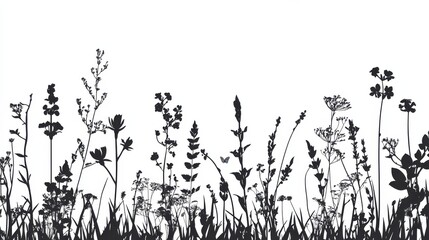 Silhouette of wild herbs and flowers on white background illustration