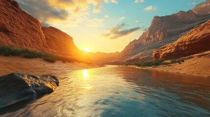 Fototapeta premium Canyon River Sunset, Golden Hour, Red Rock, Landscape, Nature