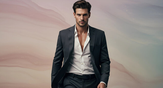 Man in a suit with an unbuttoned shirt walking forward