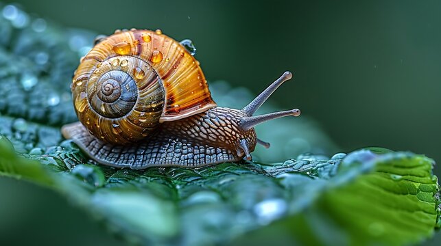 Close up of a snail on a green leaf
