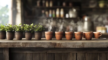 Fototapeta premium Cozy kitchen scene with steaming cups on a wooden table beside potted plants