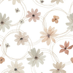 Abstract nordic print with flowers and golden elements on white background. Watercolor seamless pattern. Hand drawn marble illustration. Mixed media art