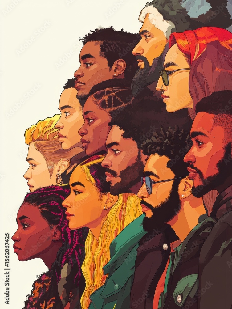 Poster the image shows a group of people of different colors and shapes. they are all looking in the same d
