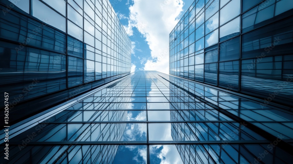 Poster a low angle view of a glass skyscraper reflecting the sky, showcasing the intricate grid pattern and