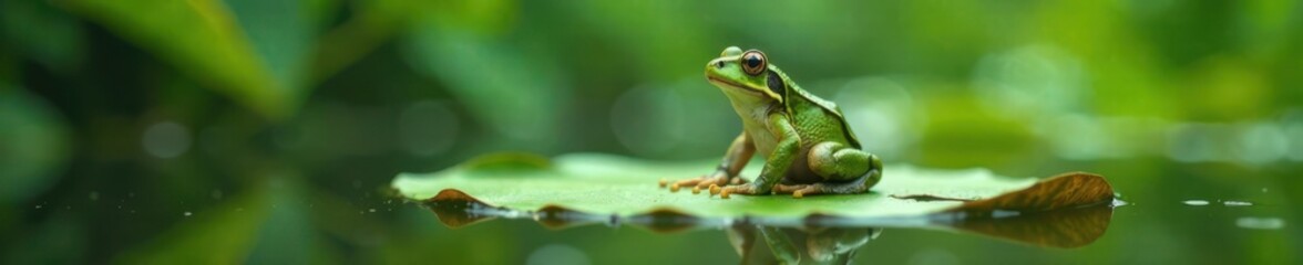 Frog sitting on a lily pad surrounded by water and greenery, aquatic, stillness