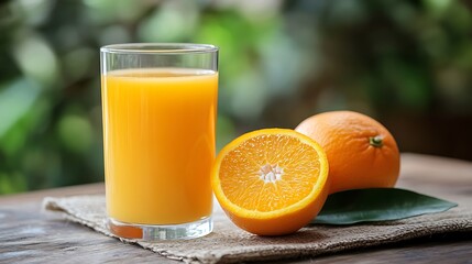 A glass of orange juice with a fresh orange beside it