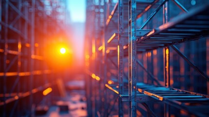 Sunset Glow on Industrial Scaffolding Construction Site at Dusk