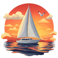 Naklejka premium Serene sunset seascape: A sailboat's journey under warm skies with fluffy clouds isolated on transparent background