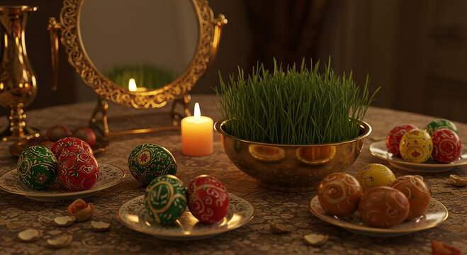 Elegant Nowruz Haft-Seen Table with Decorative Eggs, Sabzeh, and Candlelight &ndash; A Celebration of Persian New Year