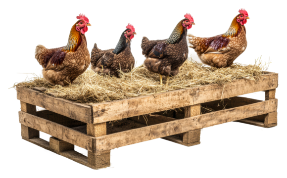 Chickens roaming on hay bales farmyard animal outdoor isolated on transparent background