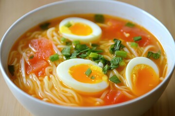 A bowl of tomato egg noodle soup with a bright broth