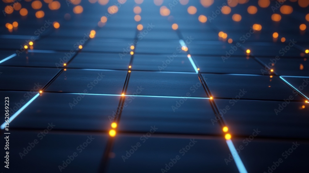 Poster clean, minimal blue background with grid lines and tiny light nodes, creating a technology-inspired 