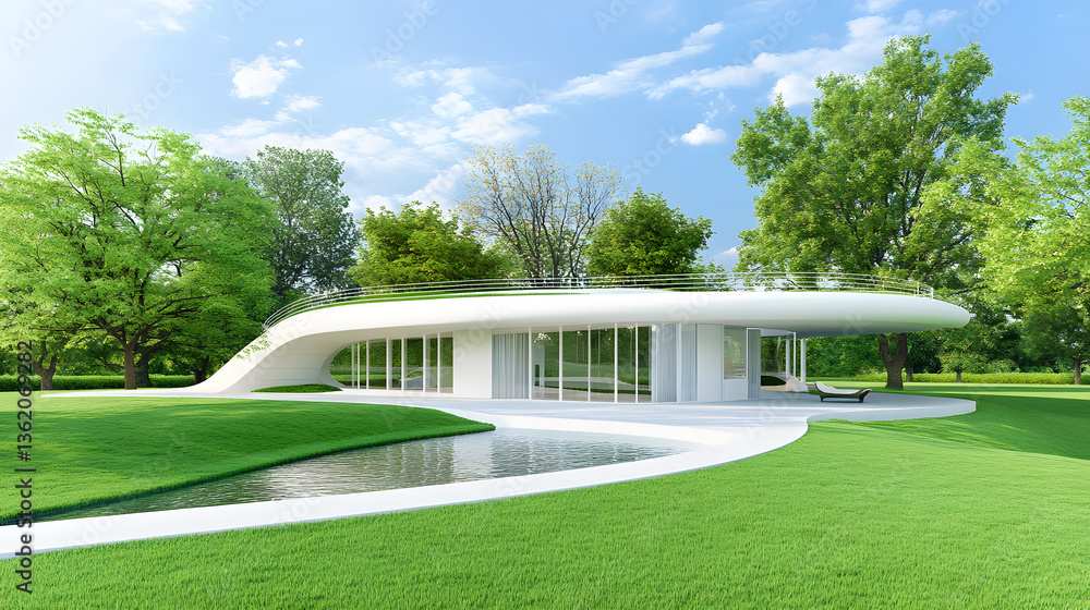 Poster a modern, sleek house surrounded by lush greenery and a serene pond, blending architecture with natu