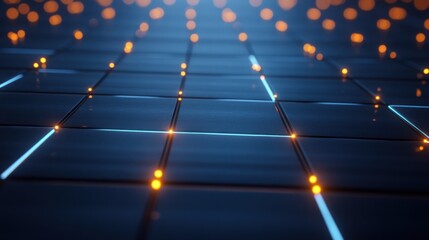 Clean, minimal blue background with grid lines and tiny light nodes, creating a technology-inspired network design