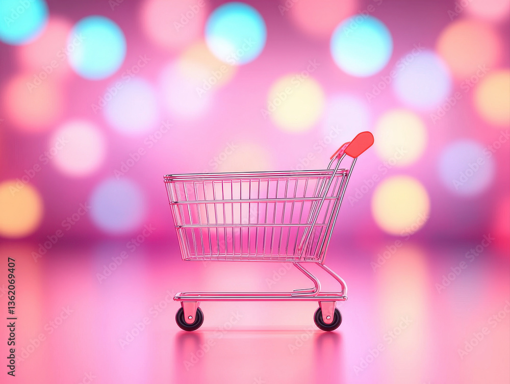 Aufkleber shiny shopping cart stands against vibrant background filled with colorful bokeh lights creating che