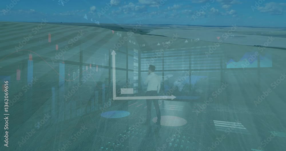 Poster analyzing financial data, businessman using digital interface with animation effects