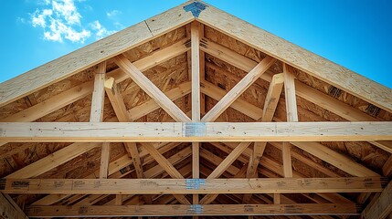 Wooden Frame Construction of a New Building Roof Under Blue Skies