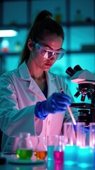 Researcher conducting experiment with test tubes and beakers in illuminated laboratory environment.