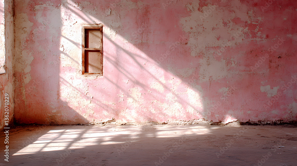 Poster a weathered pink wall with a small window, casting shadows across a bare floor, creates a sense of n